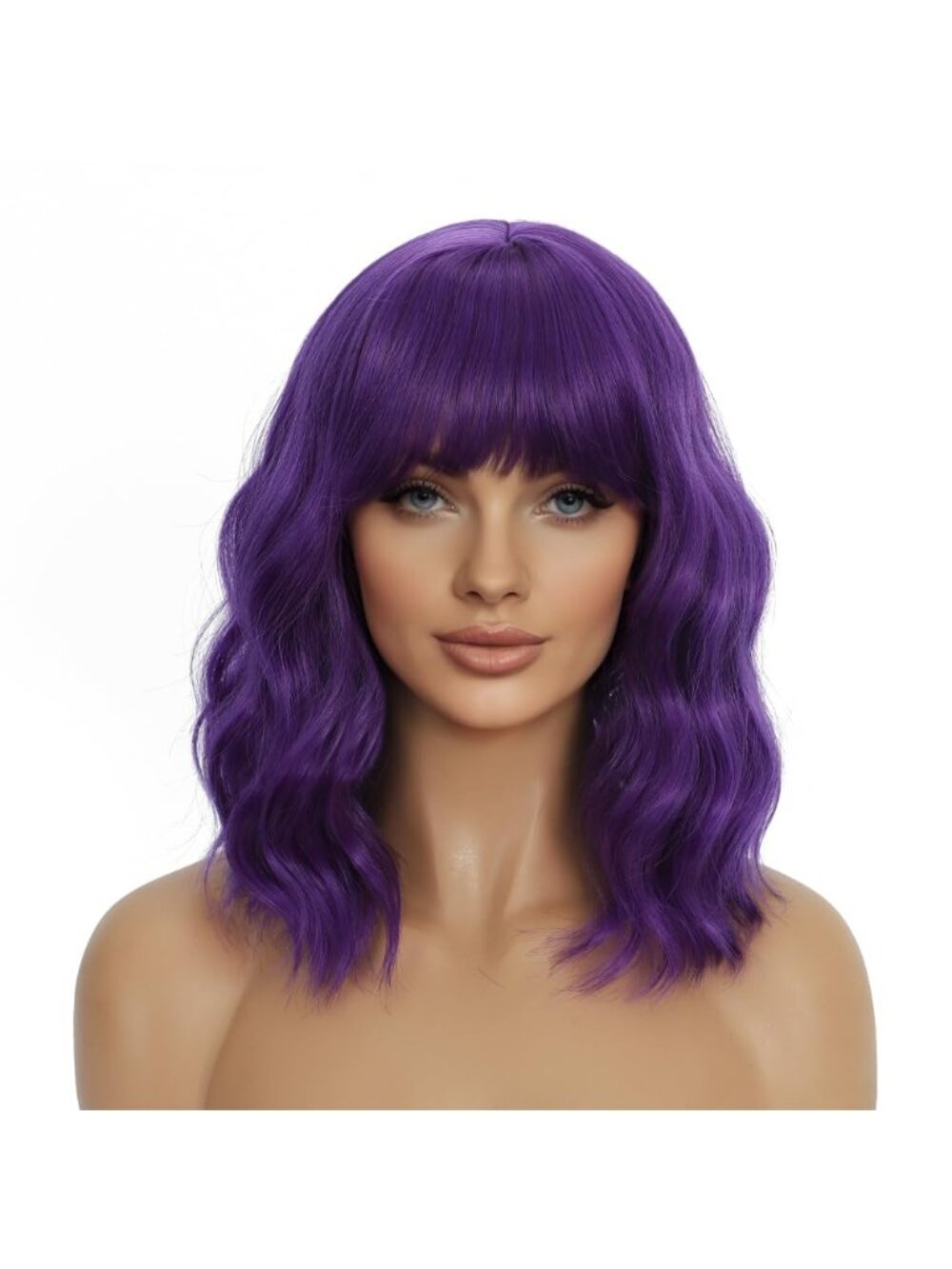 Women's Dark Purple 14 Inch Heat Resistant Synthetic Short Wavy Bob Wigs Bangs